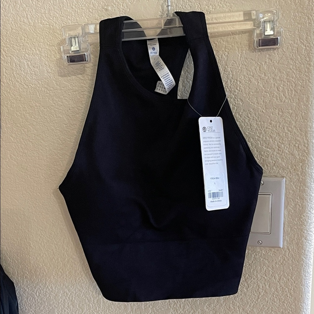 NWT - CRZ YOGA - Black Seamless Ribbed High Neck Bra Racerback - L